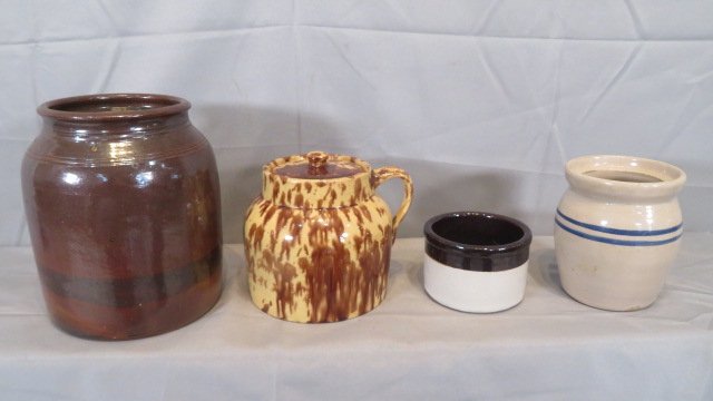 Group of 4 pcs of pottery, stoneware jars, yellow ware bean crock, etc. (1 of 5)