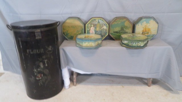 7 advertising tins, 6 octagon biscuit tins and 1 large flour tin (1 of 4)
