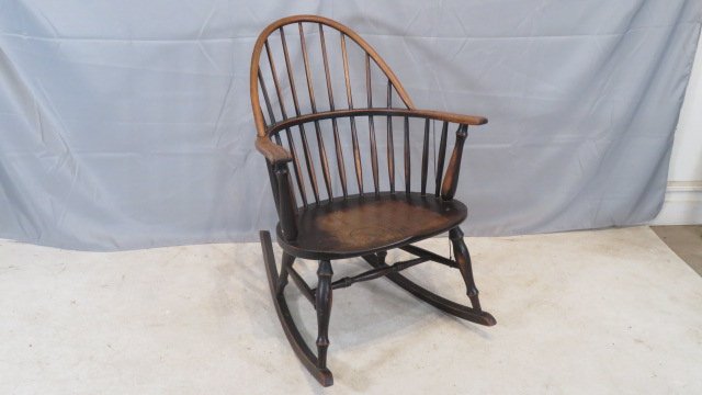 Early 20th century Windsor rocker in original black paint: Early 20th century Windsor rocker in original black paint, has great wear, 33"T x 22"W x 17"D