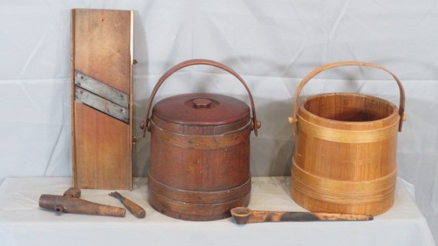 Group of 6 wood items, firkins, slaw cutter, etc. (1 of 6)