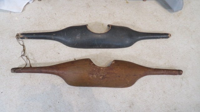 2 early neck yokes: 2 early neck yokes, one is in old teal blue paint and the other is natural surface, 41"L x 6.5"W
