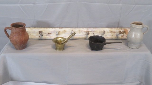 Group of 5 primitives, coat rack, redware pitcher, etc. (1 of 7)