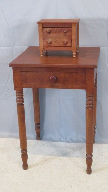 19th century cherry stand table and miniature handmade chest (1 of 7)