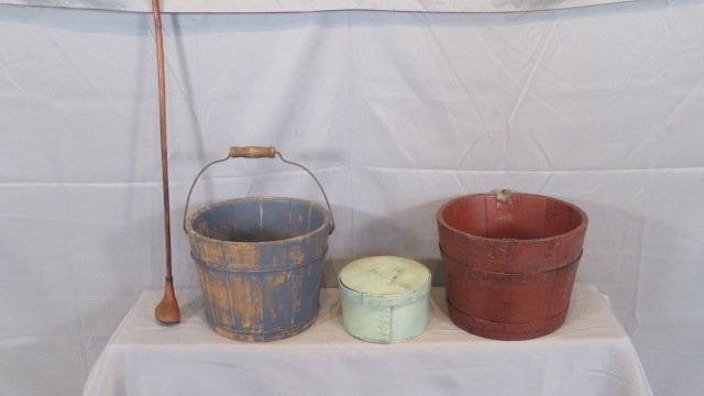 Group of 4 primitives, buckets, golf club, cheese box (1 of 7)