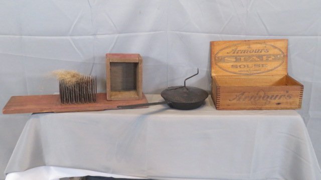 Group of 3 primitives, flax comb, chestnut roaster, advertising box (1 of 6)