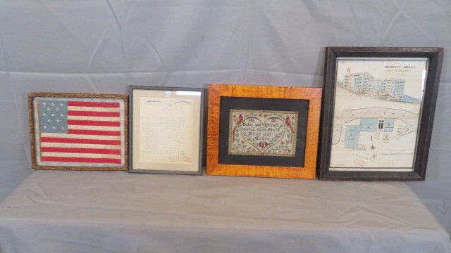 4 framed items, valentine, plat of a mill, flag, and fraktur (1 of 6)