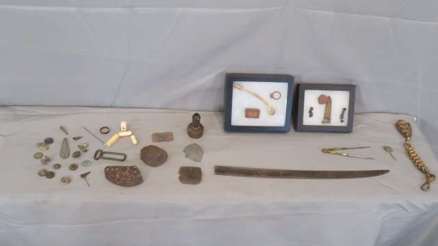 Group of Civil War era items, battlefield finds and other misc.: Group of Civil War era items, some battlefield finds including cannonball fragments, 16" piece of a cavalry sword, some caps, 6 bone items, and other misc.