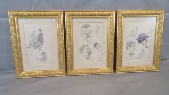 Indiana artist Wayman Adams sketches: Group of 3 framed sketches from Wayman Adams (1883-1959) Indiana artist's sketchbook, these studies were done when attending Herron Art Institute, all are graded, he was under the tutelage of teachers