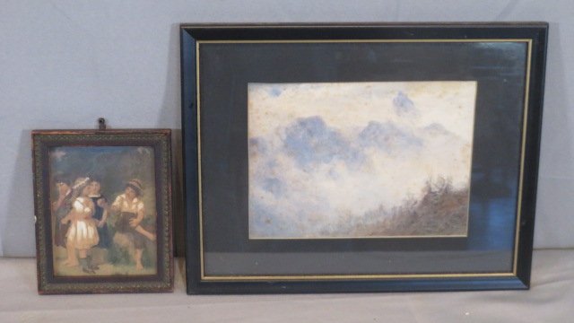 2 watercolors, landscape with alpine scene and 4 children (1 of 4)