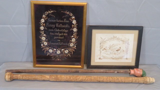 4 misc folk art items, 2 canes and 2 framed items (1 of 8)