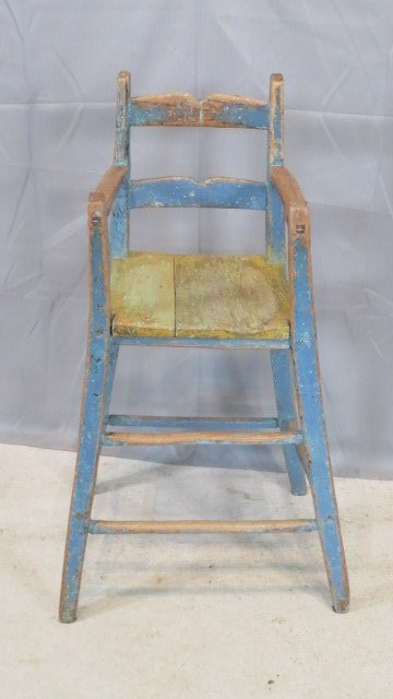 19th century youth chair in old blue paint: 19th century oak youth chair with splay legs and old blue paint, mortise & tenon construction, plank seat, 33"t. x 12 1/2" x 12"