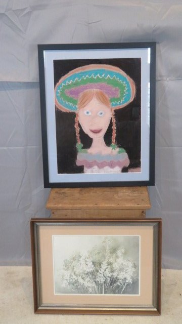 Pastel and watercolor paintings: Naive pastel portrait of young girl with hat and pigtails signed Miriam B, overall 23" x 29" and a watercolor entitled "My Father's Garden" it is signed? and has a Carlisle, Pa. label on back, overall