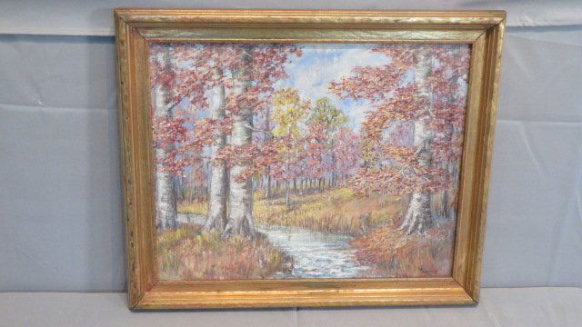 O/C of Brown Co. scenery with beech trees signed M. Graffis dated 1958 (1 of 4)