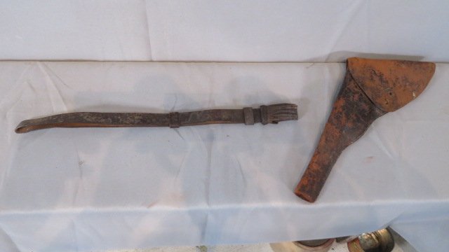 Civil War Colt Army holster and leather sword knot: Civil War leather holster for Colt Army revolver, 14" long, initials R.E. on back and a leather sword knot, 19" long