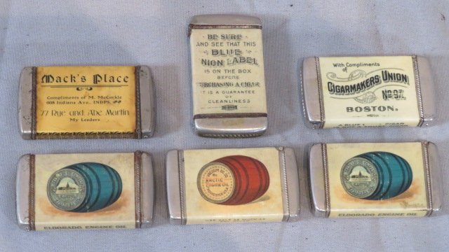 6 advertising match safes, celluloid and plated (1 of 6)