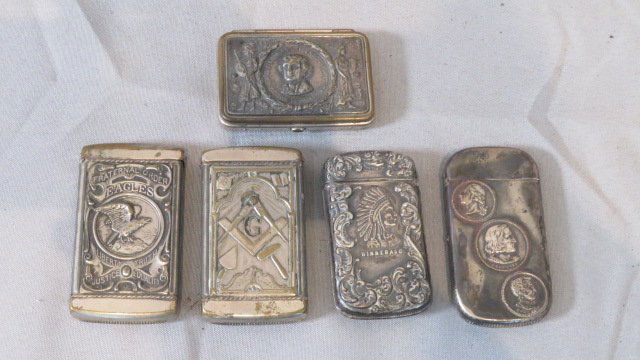 5 plated over brass match safes, 1904 World's Fair, Masonic, etc. (1 of 5)