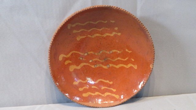 19th century PA redware plate with yellow slip decoration (1 of 4)