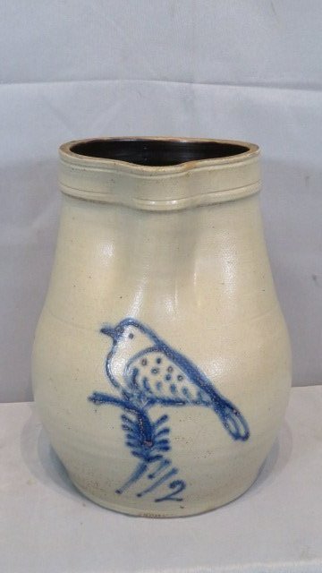 19th century 1 1/2-gal unmarked stoneware pitcher w/blue decorated spotted bird (1 of 8)