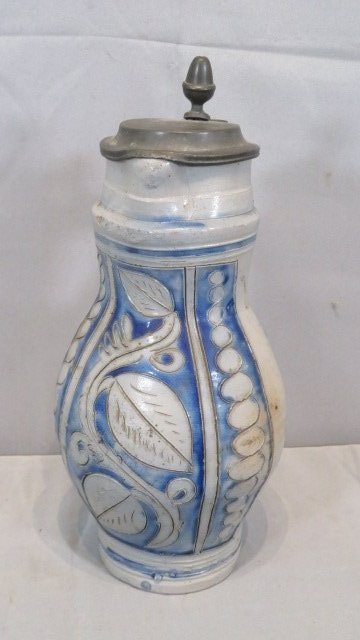 2-qt stoneware beer pitcher w/pewter lid attributed to Carl Wingender (1 of 8)