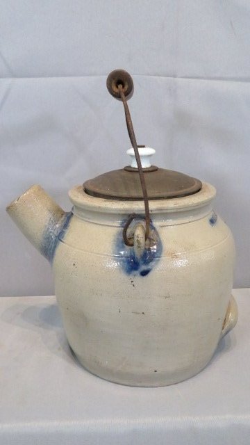 Early stoneware 4-qt batter jug w/blue decoration marked N. White & Co. (1 of 8)