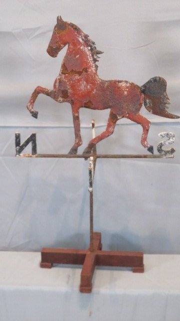 Late 19th century sheet iron weathervane of a trotting horse in worn red paint (1 of 5)