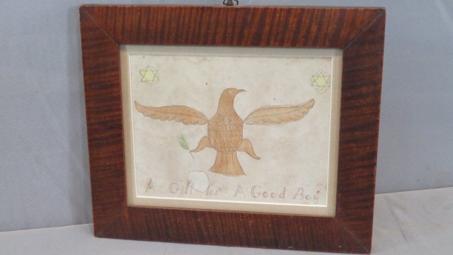 Early pen & ink & watercolor on paper of flying eagle and "A gift for a good boy" (1 of 5)