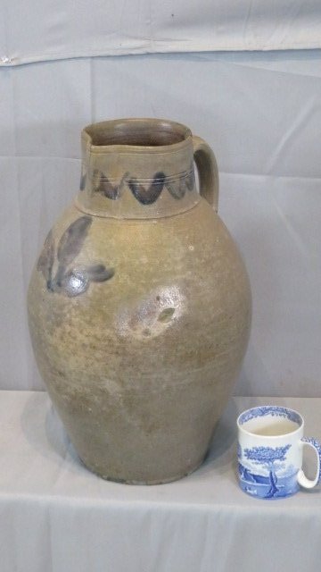 Early 19th century huge 3-gal ovoid blue decorated stoneware pitcher (1 of 6)
