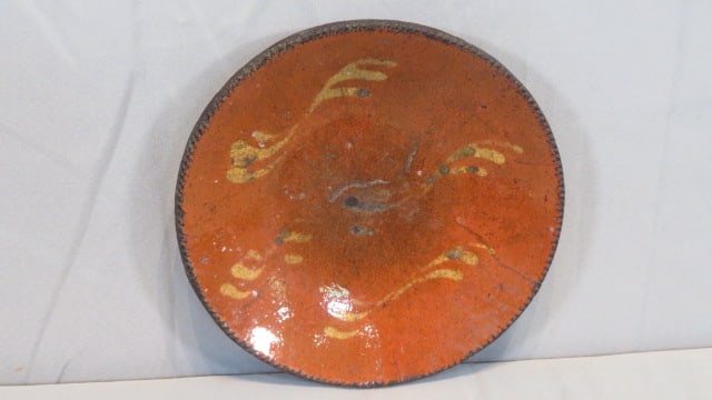 Early PA 10" redware plate with yellow slip decoration w/coggled edge (1 of 4)
