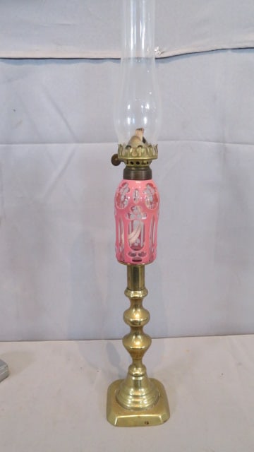19th century pink overlay Sandwich glass peg lamp whale oil conv to kerosene: 19th century pink overlay Sandwich glass peg lamp whale oil converted to kerosene in a 19th century 8" brass candlestick (push up is missing), 14"T to top of burner
