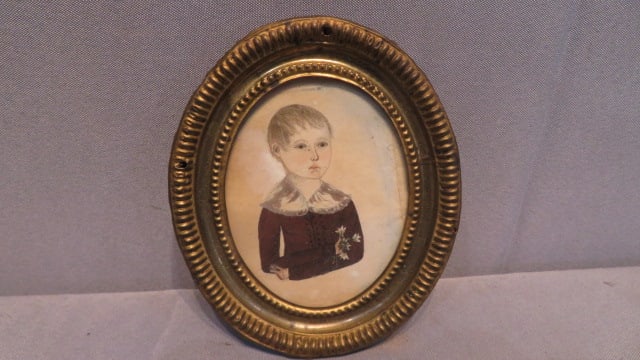 Early 19th century watercolor of little boy holding flowers (1 of 4)