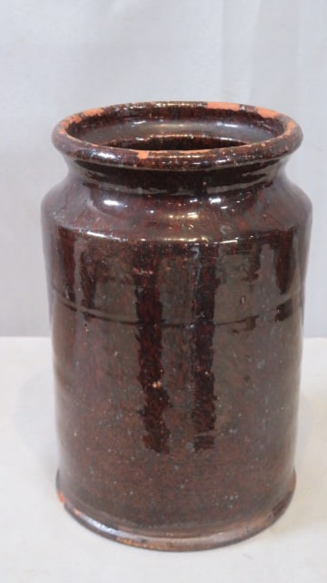 19th century redware canning jar with orange glaze: 19th century redware canning jar with orange glaze, 6.5"T x 4.25"D