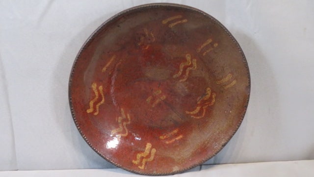 19th century PA 10.5" plate with yellow slip and coggled edge (1 of 3)