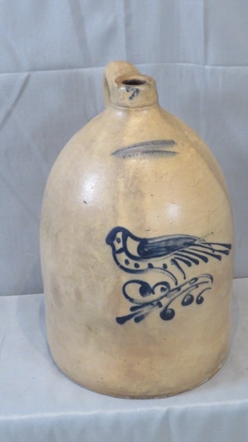 2-gal stoneware jug w/blue decorated bird marked Flack & VanArsdale (1 of 8)