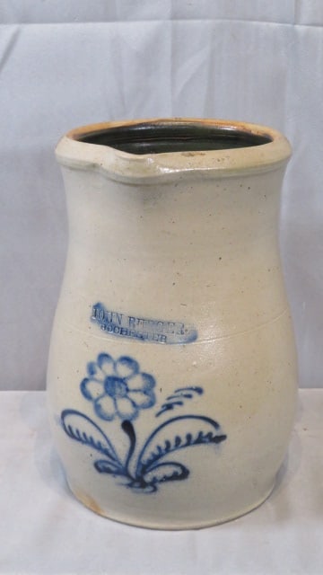 19th century stoneware blue decorated pitcher with flower signed (1 of 8)