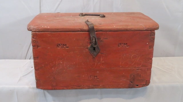 Late 19th century pine dovetailed immigrant's chest in old red paint (1 of 8)