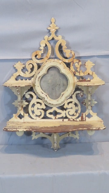 Late 19th century walnut painted shelf with mirror: Late 19th century walnut painted shelf with mirror, old eggshell paint, numerous reinforcements on rear, 25"T x 19"W x 6"D