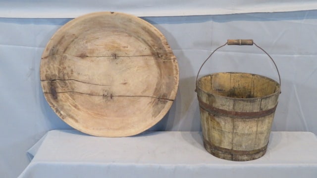 Early large wood platter and painted wood pail (1 of 6)