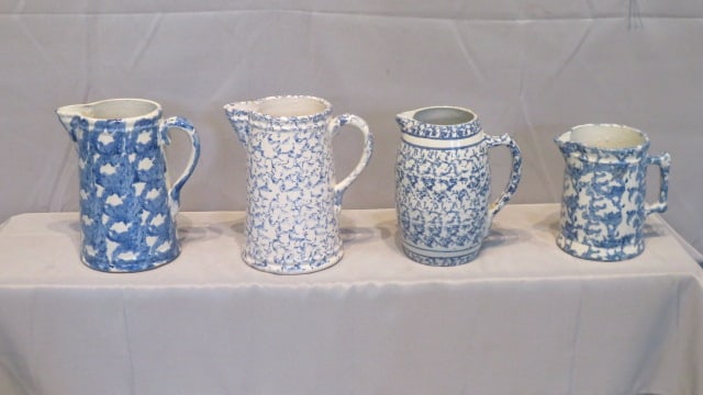 4 blue spongeware pottery pitchers (1 of 5)