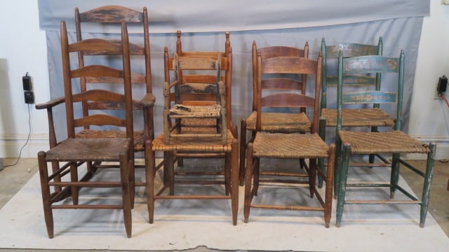 Group of early country chairs: Group of 9 early country ladderback chairs including 5 similar chairs attributed to Waterford, Loudon County, Virginia with unusual acorn style finials, variety of different splint seats, Waterford ch