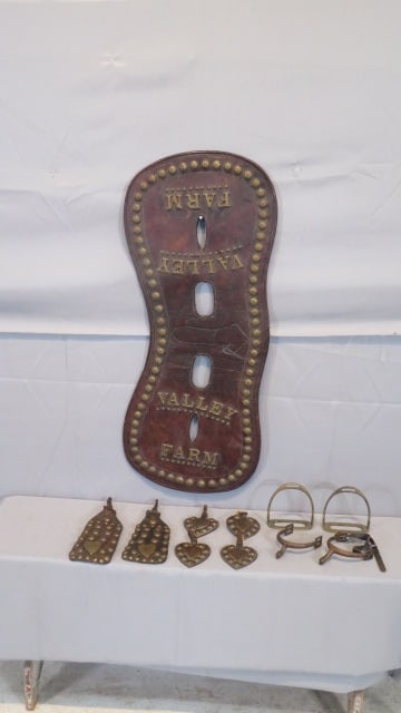 Early 20th cent. leather harness cover w/brass, 6 horse brasses, stirrups & spurs (1 of 7)