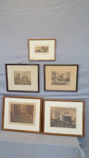 5 signed Wallace Nutting interior scene prints in matted frames: 5 signed Wallace Nutting interior scene prints in matted frames including, "A Sip of Tea", "The Quilting Party", "Old Time Romance", and 2 others that are signed but don't have titles, all original fr