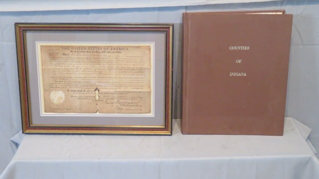 1878 Indiana Atlas of Counties & James Buchanan land grant: 1878 Indiana Atlas of Counties with a lot of illustrations of historic homes and farms throughout Indiana, and a written history, 18"T x 14"W x 2"D, and an 1859 Missouri James Buchanan land grant that