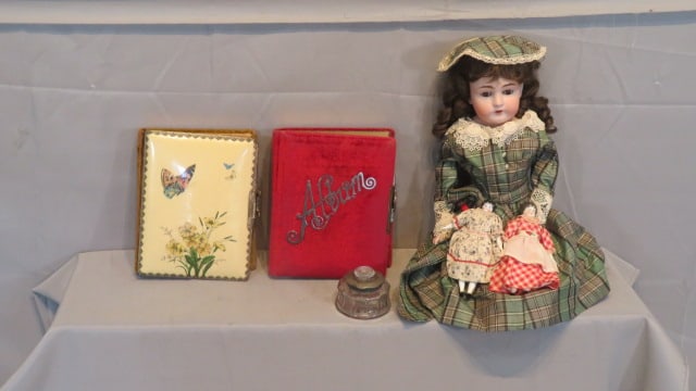 German doll, 2 small china heads, 2 photo albums (1 of 12)