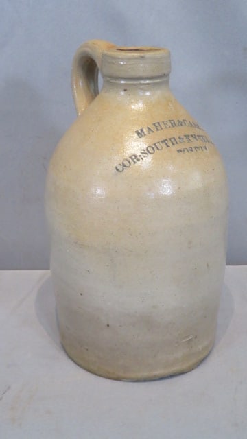 1-gal stoneware jug, signed Maher & Casey, Boston: 1-gal stoneware jug, signed Maher & Casey, cor: South & Kneeland St., Boston, 10"T x 5.5"D