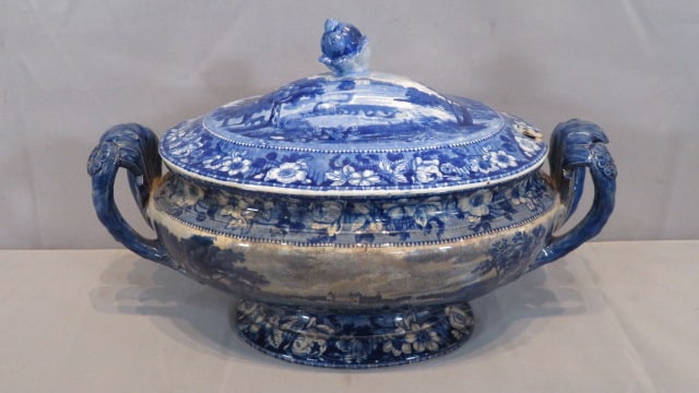 Blue and white transfer historical Staffordshire soup tureen married with lid: Blue and white transfer historical Staffordshire soup tureen with lid marked Ampton Hall Suffolk, and the tureen is marked Haughton Hall Norfolk, 11"T x 16"L x 9"W