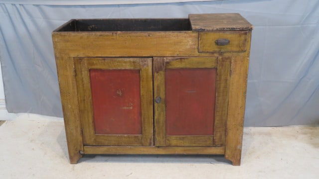 19th century pine painted dry sink in old mustard w/red door panels (1 of 7)