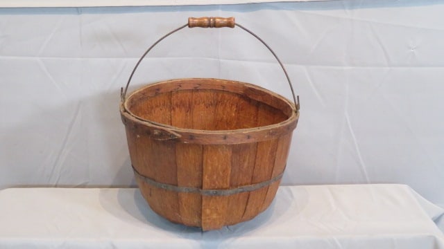 One bushel wood apple basket: One bushel wood apple basket with wood bottom, wire bale with wood handle, old natural patina, 11"T x 15"D