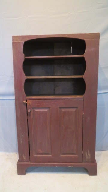 Pine open top cupboard with single raised panel door in red paint (1 of 8)