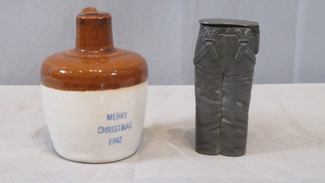 Signed Uhl miniature stoneware jug and unusual match safe (1 of 6)