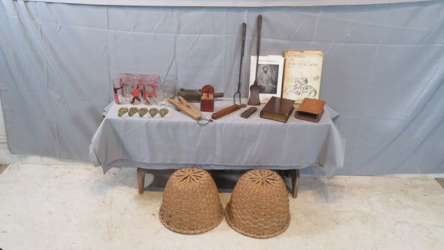 Group of misc. items, books, baskets, glasses, etc.: Group of misc. items, whale oil lamp, iron flint striker, early iron PA fireplace tools, miniature boot jack, wood match holder, wood long match holder, 2 wood book boxes, 2 Civil War books, brass Dic